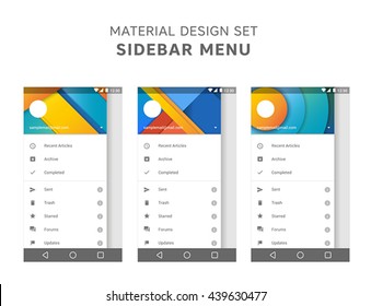 Vector set of material design sidebar menu templates. Mail agent ui elements. User interface design. Android gui. Marshmallow 