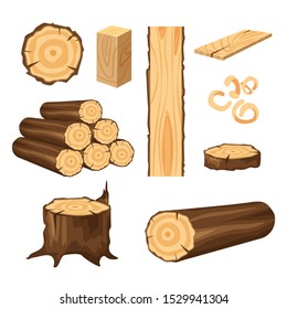 Vector set of materials for wood industry. Tree trunk, planks isolated on white background. Wood logs for forestry.