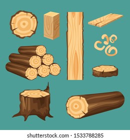 Vector set of materials for wood industry. Tree trunk, planks isolated on blue background. Wood logs for forestry.