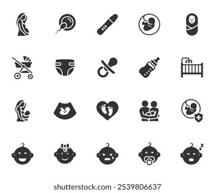 Vector set of maternity flat icons. Contains icons pregnancy, baby, lactation, diaper, pacifier, stroller, childbirth, pregnancy test, cot and more. Pixel perfect.