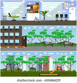 Vector set of maternity hospital and kindergarten interior posters, banners. Flat style design elements.