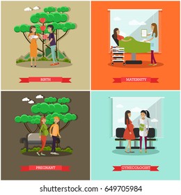 Vector set of maternity hospital posters in flat style. Birth, Maternity, Pregnant and Gynecologist flat style design elements.
