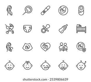 Vector set of maternity line icons. Contains icons pregnancy, baby, lactation, diaper, pacifier, stroller, childbirth, pregnancy test, cot and more. Pixel perfect.