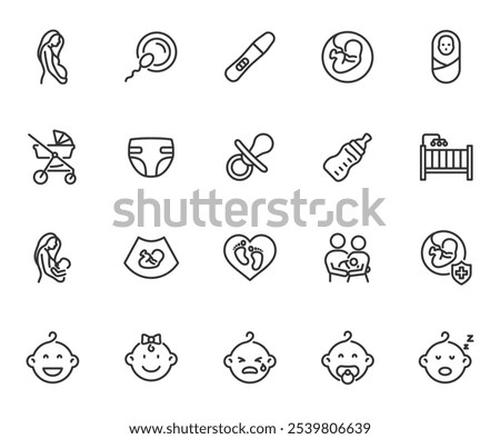 Vector set of maternity line icons. Contains icons pregnancy, baby, lactation, diaper, pacifier, stroller, childbirth, pregnancy test, cot and more. Pixel perfect.