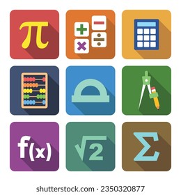 Vector set of Math icons flat style with long shadow. Pi number, operations, calculator, abacus, protractor, compass, function, square root, summation glyph, math symbols concept vector illustration