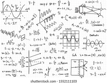 Vector set of mathematical formulas and solutions to problems and equations.  Background texture of homework of a student, topic radiation. Vector image of algebra and geometry tasks. 