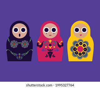 Vector set of matryoshka dolls in Russian style. National souvenir from Moscow. Soviet folklore symbol for decoration and illustration in modern style