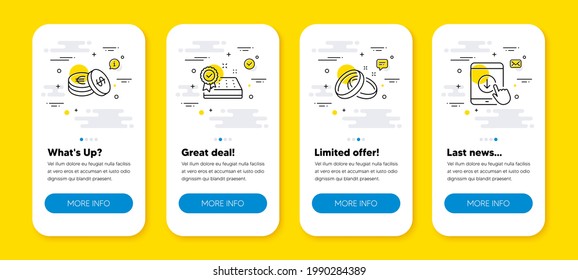 Vector set of Mattress guarantee, Savings and Wedding rings line icons set. UI phone app screens with line icons. Scroll down icon. Sleeping pad, Cash coins, Love. Swipe arrow. Vector
