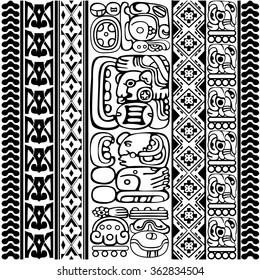 Vector set of Mayan and aztec glyphs with ancient characters and ornaments on white 