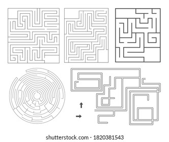 Vector set of maze templates. Blank black and white labyrinths collection isolated on white background. Preschool printable educational activity or game samples. 
