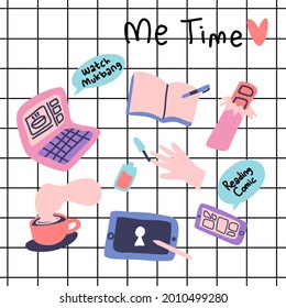 Vector set of me time. Writing diary, drawing, watching, reading comic, drink a cup of coffee. Sticker collection