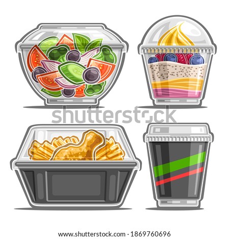 Vector set for Meal Delivery Service, 4 cut out illustrations of organic salad in clear plate, soft serve berry dessert, fried crispy chicken leg with pommes frites and soda in cardboard cup with lid.