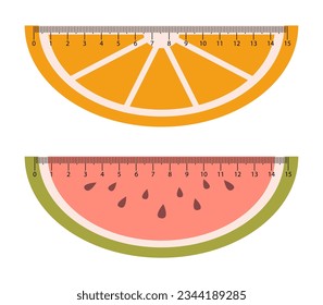 Vector set with measuring rulers in shape of fruits. Orange and watermelon slice school rules. Studying measuring tool with cute fruits.