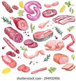 Vector Set Of Meat Drawing By Color Pencil, Doodle  Sausages, Ham And Spices, Hand Drawn Isolated Elements