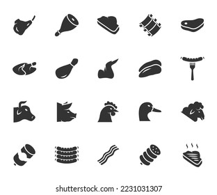 Vector set of meat flat icons. Contains icons beef, pork, chicken, duck, lamb, bacon, sausage, ham, rib, steak and more. Pixel perfect.