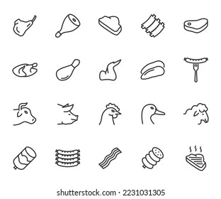 Vector set of meat line icons. Contains icons beef, pork, chicken, duck, lamb, bacon, sausage, ham, rib, steak and more. Pixel perfect.