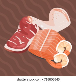Vector set of meat on brown background.