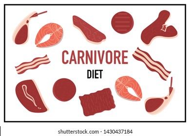 Vector set of meat products. Carnivore diet banner template. Bacon, tenderloin, mince, chop, ribs, salmon steak. Weight loss meal, healthy eating. No vegetables dishes restaurant menu. Zero carb diet 