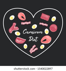 Vector set of meat products. Carnivore diet banner template.Bacon, tenderloin, mince, chop, ribs, salmon steak, eggs. Weight loss meal, healthy eating. No vegetables dishes restaurant menu. Zero carb 