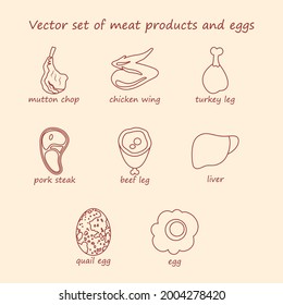 Vector Set Of Meat Products And Eggs. Collection Of Line Icons Lamb Chop, Chicken Wing, Turkey Leg, Pork Steak, Beef Leg, Liver, Quail Egg, Chicken Egg.