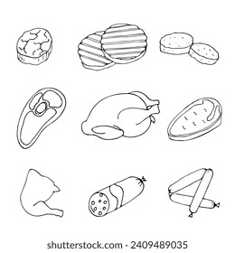 Conjunto vectorial de productos cárnicos dibujados a mano en forma de dibujos animados sobre un fondo blanco.