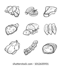 Vector set of meat products. Isolated vector hand drawings on white background