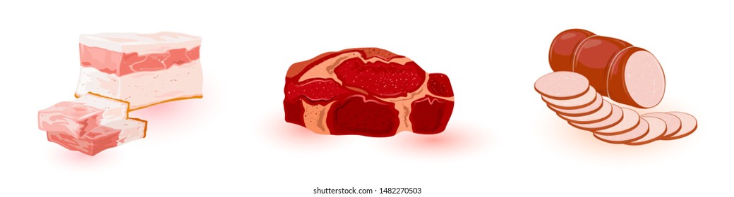 Vector set with meat products of market, butchery shop, grocery: salo, high-fat bacon, ham, silverside, lard, kielbasa. baloney. Ingredients for cooking of sausage. Cartoon collection on white.