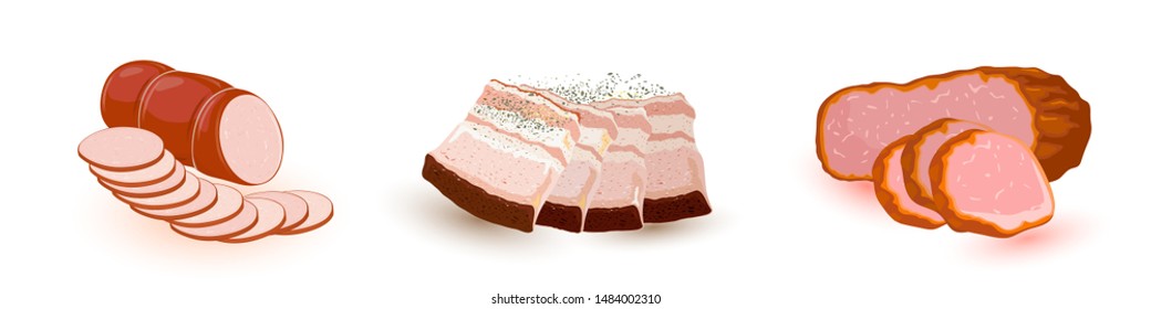 Vector set with meat products of market, butchery shop, grocery Cartoon collection on white.