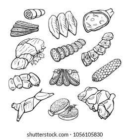 Vector set of meat products, sausages. Isolated vector hand drawings on white background