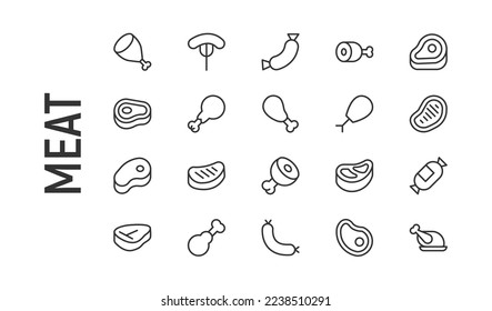 Vektorset von Fleisch dünnen Linie Symbole. Design von 20 Takt Piktogramme. Zeichen von Fleisch einzeln auf weißem Hintergrund.