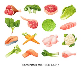 Vector set of meats and vegetables in cartoon style. Healthy food illustration