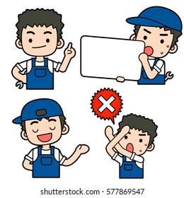 Vector Set of Mechanic, Handyman, Worker Character in Different Action with Sign and Message Board Isolated on White Background