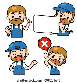 Vector Set of Mechanic, Handyman, Worker Character in Different Action with Sign and Message Board Isolated on White Background