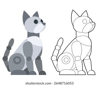 Vector set of mechanical cat clip arts in contour and flat style. Collection of robot robot kitty. Animals of the future for cards and stickers