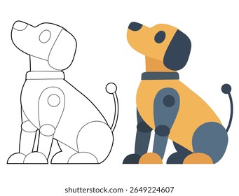 Vector set of mechanical dog clip arts in contour and flat style. Collection of robot puppy. Domestic pets of the future for cards and stickers