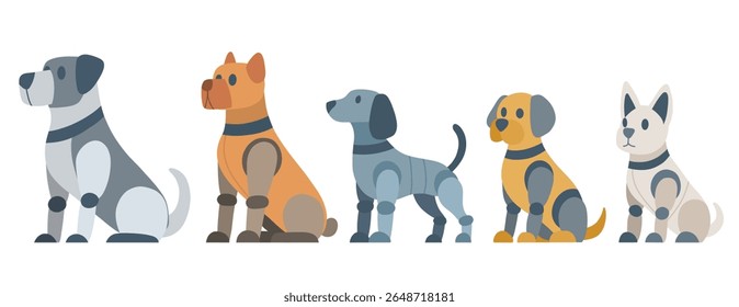 Vector set of mechanical dogs various breed in flat style. Collection of robot puppies. Animals of the future for cards and stickers
