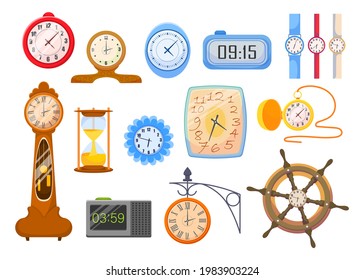 Vector set of mechanical, electronic, wrist watches, hourglass. Various clocks for time measurement cartoon illustration, timer device isolated on white background. Time concept.