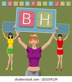 Vector set of mechanical scoreboard alphabet and women