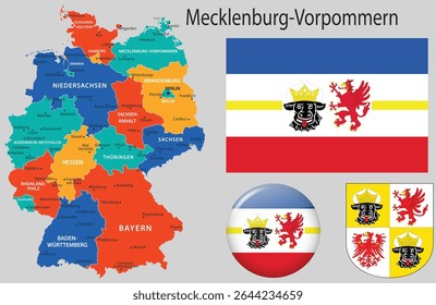 Vector set of Mecklenburg-Vorpommern including the official flag, coat of arms, and updated map. Part of the complete German flag and emblem collection.