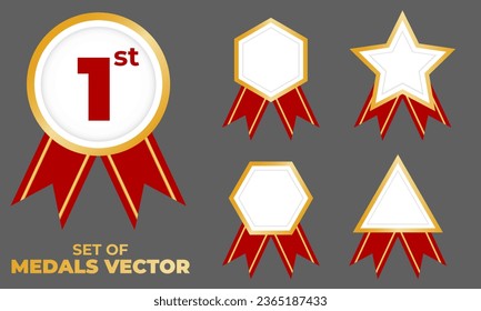 Conjunto vectorial de insignias de medallas de varias formas. Muy adecuado para completar diseños, certificados, premios, victorias, concursos, etc.
