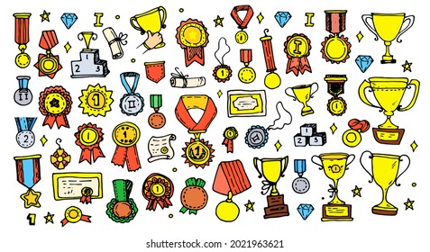 vector set of medals and orders with cups color. a collection of hand-drawn doodles in the style of gold medals for first place and gold cups, for winning a black outline on a white background
