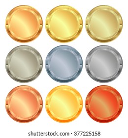 vector set of medals from various types of metal: gold, silver, platinum, aluminum, copper, brass, bronze