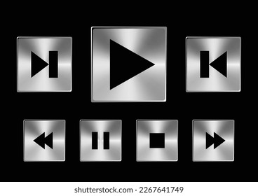 Vector set of media buttons. Abstract technology circle button template with metal texture. 