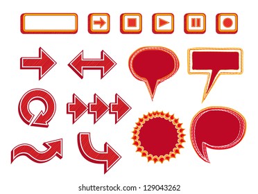 Vector Set of Media Player Buttons, Arrows and Bubbles - red color