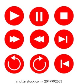 Conjunto de vectores de botones de reproductor de medios en color rojo y blanco