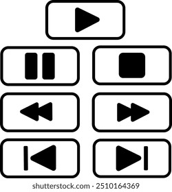 Conjunto vetorial de ícones de controle do media player, incluindo reproduzir, pausar, parar, avançar e retroceder em preto e branco