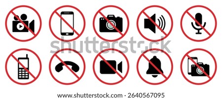 Vector set of media restriction icons in red circles with slashes. Includes camera, video, phone, mic, bell, and sound symbols. Ideal for signage, user interface, and public information use.