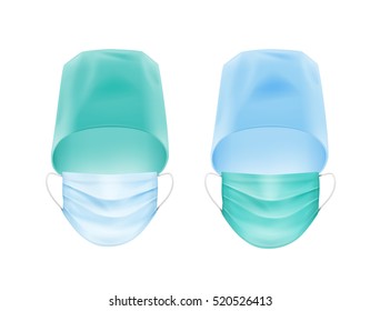 Conjunto de vectores de accesorios médicos Enfrentados Máscara de lomo de oído y tapón azul turquesa para sombreros aislados en fondo blanco