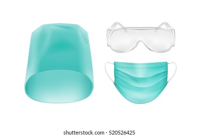 Vector Set of Medical Accessories Face Ear Loop Mask Blue Turquoise Hat Cap and Glasses Isolated on White Background