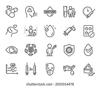 Vector set of Medical analyzes, Eco organic and Medical tablet line icons set. Coronavirus, Sick man and Pets care icons. Vaccination schedule, Myopia and Social distance signs. Vector